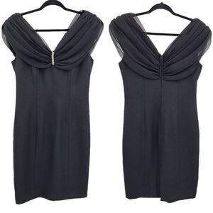 Vtg 80's Leslie Fay Dress Cocktail Sheer Draped Off Shoulder Sheath Blk Sz 8